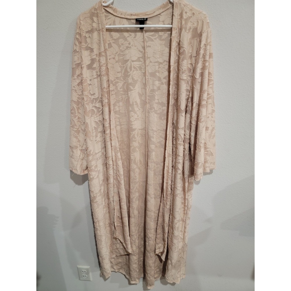 Torrid Open Front Kimono Duster Women's Dusty Pink Floral Burnout Hi Lo Sz 2 2X‎